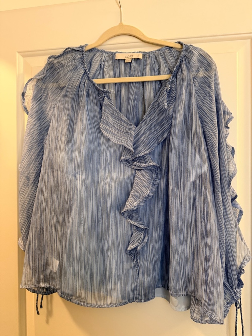 LOFT Light Blue Sheer Ruffle Pintuck Blouse